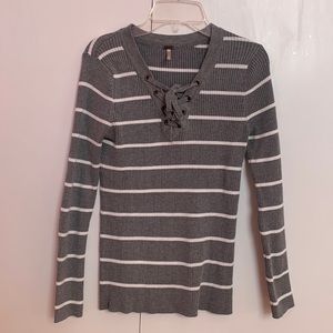Poof || Grey and White Striped Long Sleeve Sweater